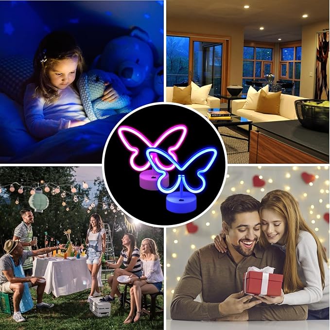 BRIGHTDECK 2 Pack Butterfly Neon Signs, LED Pink Butterfly Sign Battery or USB Powered Decoration Lamp, Neon Lights Heart Decor for Valentines Day, Bedroom, Wedding, Party, Pink Room Decor