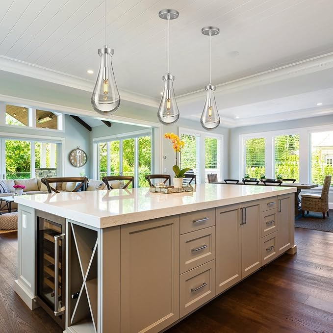 Raindrop Pendant Lights Kitchen Island Set of 2 Teardrop Chrome Hanging Light Fixtures Clear Solid Glass Pendant Light Modern Chandeliers for Dining Room Porch Corridor Living Room