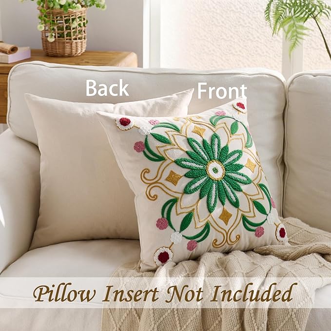 Embroidered Throw Pillow Cover 18x18 Classic Boho Floral Pattern Pillows Cover Outdoor Decorative Pillowcase,Durable Cozy Textured Cushion Case for Sofa Couch Bed Living Room,Green Yellow