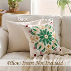 Embroidered Throw Pillow Cover 18x18 Classic Boho Floral Pattern Pillows Cover Outdoor Decorative Pillowcase,Durable Cozy Textured Cushion Case for Sofa Couch Bed Living Room,Green Yellow