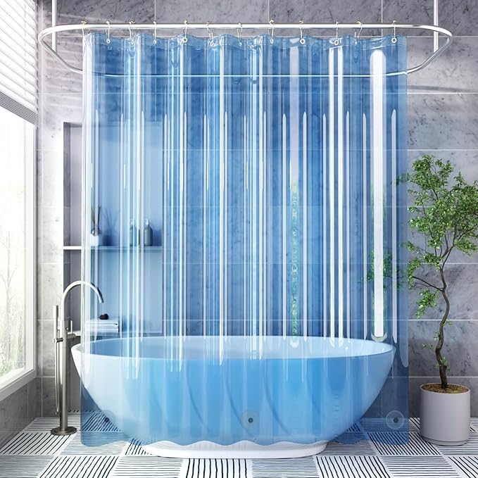 AmazerBath Shower Curtain Liner, 72x72 Transparent Blue Shower Liner, Lightweight Plastic Shower Curtain Liners, Cute Waterproof Shower Liner for Bathroom with 3 Magnets and 12 Grommet Holes