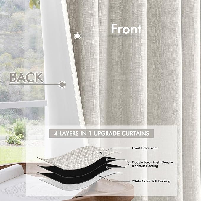 MIULEE 100% Blackout Curtains 120 Inch Long 2 Panels Set for Bedroom, Thick Faux Linen Black Out Curtain Room Darkening Back Tab Pleat Window Textured Drapes with Hooks for Living Room, Light Beige