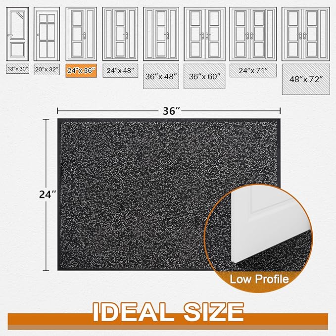 Mibao Front Door Mat, Dirt Trapper Welcome Mat for Outdoor Indoor, Non-Slip Waterproof Doormat, Durable Machine Washable Low Profile Entry Rug for Back Door Outside Patio Porch, 36" x 24", Black