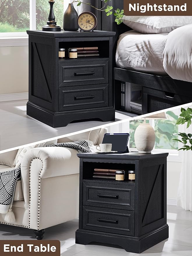 ACCOHOHO 18" Farmhouse Nightstand Set of 2 with Charging Station,End Table with 2 Drawers Storage,Side Table,Bedside Cabinet for Bedroom,Living Room, Black