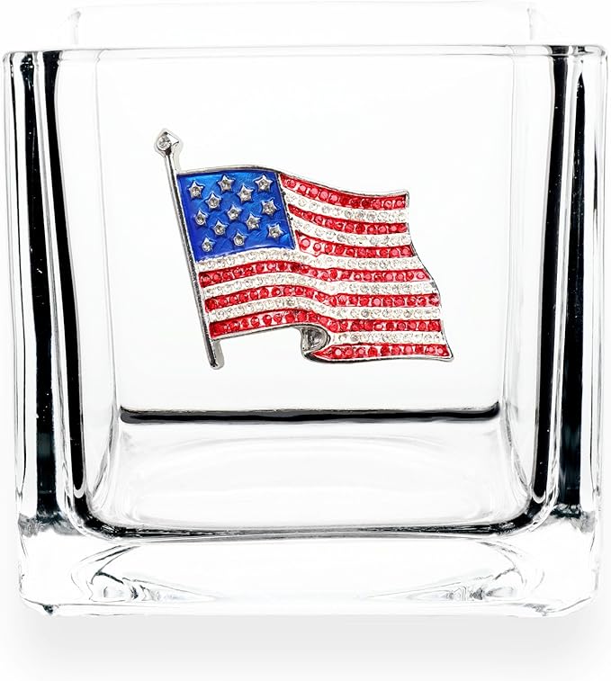 THE QUEENS' JEWELS American Flag Jeweled 4x4 Candle Holder Vase - Unique Gift for Women, Birthday, Cute, Fun, Cocktail, Queen, Not Painted, Decorated, Bling, Bedazzled, Rhinestone