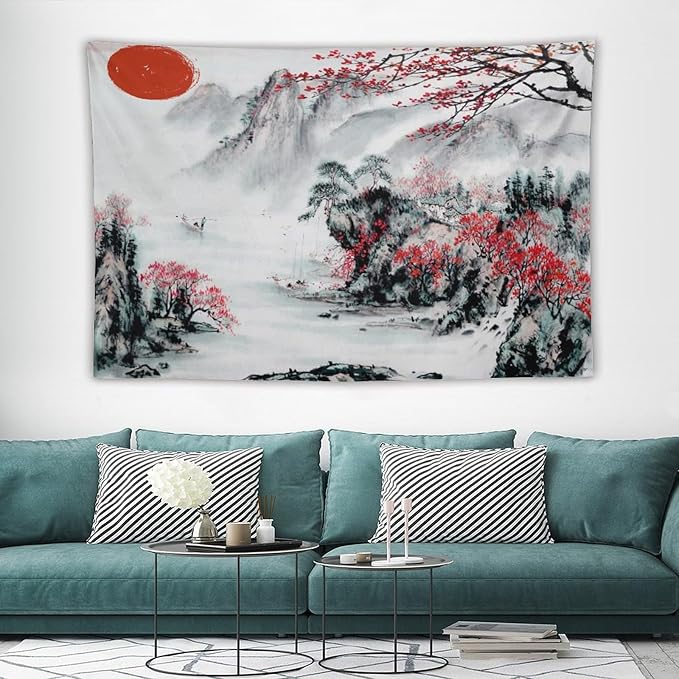 Cherry Blossoms Tapestry,Japanese Red Landscape Asian Watercolor Abstract Art Tapestry, Asian Japanese Wall Tapestry, Nature Landscape Tapestries for Bedroom Living Room Decor 90"x60"