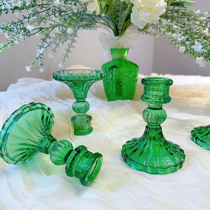 Glass Candlestick Holder,Striped Taper Candle Holders,Set of 6 Candle Stand for Table Centerpieces, Home Decor,Weddings,Festival and Parties (Green Stripe Pattern)