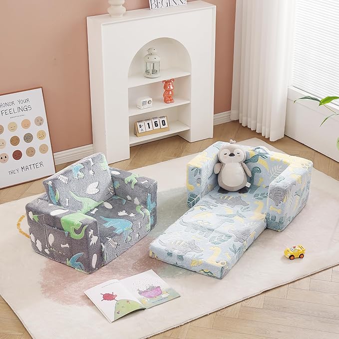 Toddler Chair Kids Couch, 2-in-1 Toddler Soft Sherpa Couch Fold Out Armchair with Removable Cover, Convertible Reading Chair Toddler Sofa for Kids, Glow in The Dark Plush Grey Dinosaur