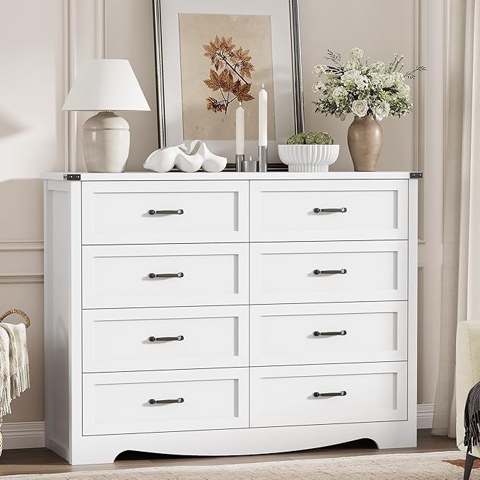 Dresser for Bedroom with 8 Drawers, 48" Wide Wood Chest of Drawers with Deep Drawers & Mental Handle, Modern Dresser TV Stand, Wooden Closet Storage Organizer for Living Room, Hallway, Entryway, White