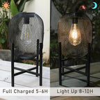 Solar Mesh Lantern Outdoor – 13.8" Tall Black Metal Patio Light with Edison Glass Bulb, Solar Powered Warm Glow LED, Waterproof IP65 for Garden, Porch, Deck, Tabletop Decor