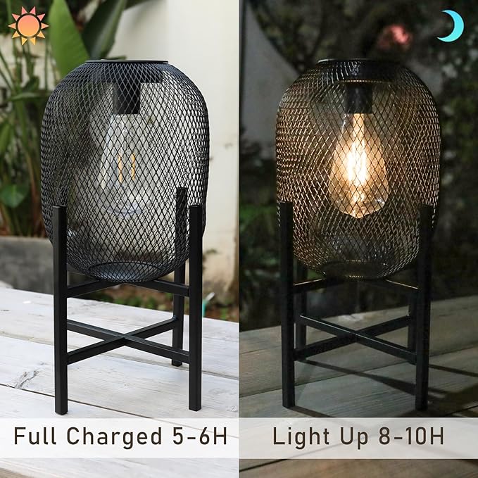 Solar Mesh Lantern Outdoor – 13.8" Tall Black Metal Patio Light with Edison Glass Bulb, Solar Powered Warm Glow LED, Waterproof IP65 for Garden, Porch, Deck, Tabletop Decor