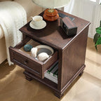 Farmhouse Side Table Set of 2 with Charging Station, Rustic Wood End Table with Drawer, Small Nightstands with Open Shelf for Bedroom, End Tables for Living Room, Walnut