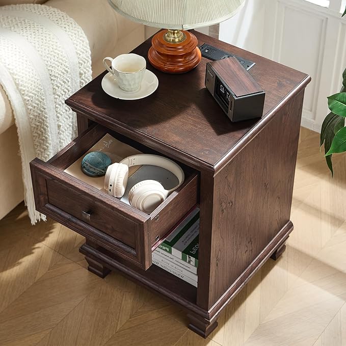 Farmhouse Side Table Set of 2 with Charging Station, Rustic Wood End Table with Drawer, Small Nightstands with Open Shelf for Bedroom, End Tables for Living Room, Walnut