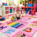 Kids Rugs for Playroom Bedroom Classroom Nursery, Non-Slip and Washable Rugs for Children Toddlers Girls, Educational and Fun Rug Carpets with ABC Alphabet Animals Shapes, 4x6, Pink