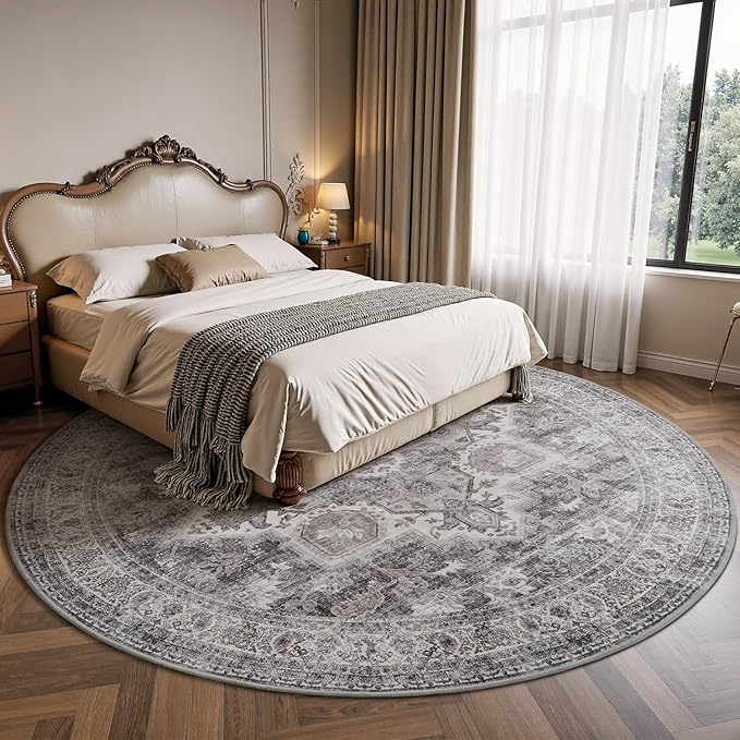 6 ft Round Rugs for Living Room Bedroom Rug Circle Area Rug for Dining Room Table Throw Vintage Circular Rugs Washable Soft Comfortable Grey