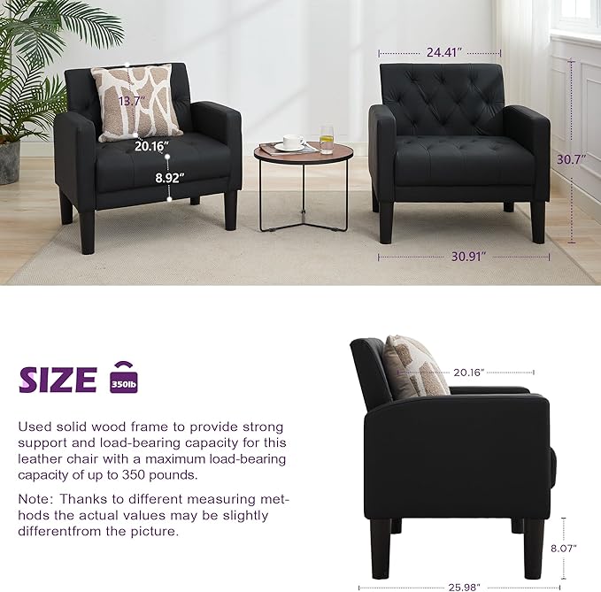 TYBOATLE Leather Chairs Set of 2 Comfy Living Room Chair Black Leather Tufted Mid Century Modern Accent Chair, Small Cozy Reading Arm Chair for Office, Bedroom