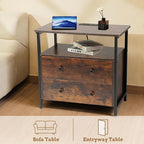 27 inch Wide Night Stand Set 2 with Charging Station, Bedside Table with Open Shelf, 2 Drawers Small Wood Dresser, Modern Wood Nightstand for Bedroom/Living Room (Rustic Brown)