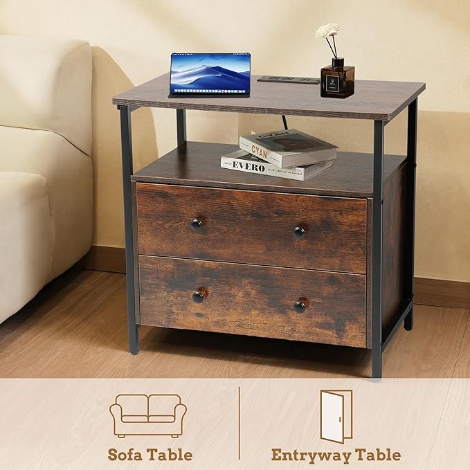 27 inch Wide Night Stand Set 2 with Charging Station, Bedside Table with Open Shelf, 2 Drawers Small Wood Dresser, Modern Wood Nightstand for Bedroom/Living Room (Rustic Brown)