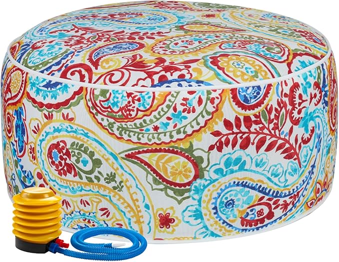 FUNHOME Inflatable Outdoor Ottoman with Air Pump,20"x9" Portable Patio Pouf,Water Resistant,Fade-Resistant,Round Blow Up Footrest Stools for Home Garden Camping Travel(Phoenix)