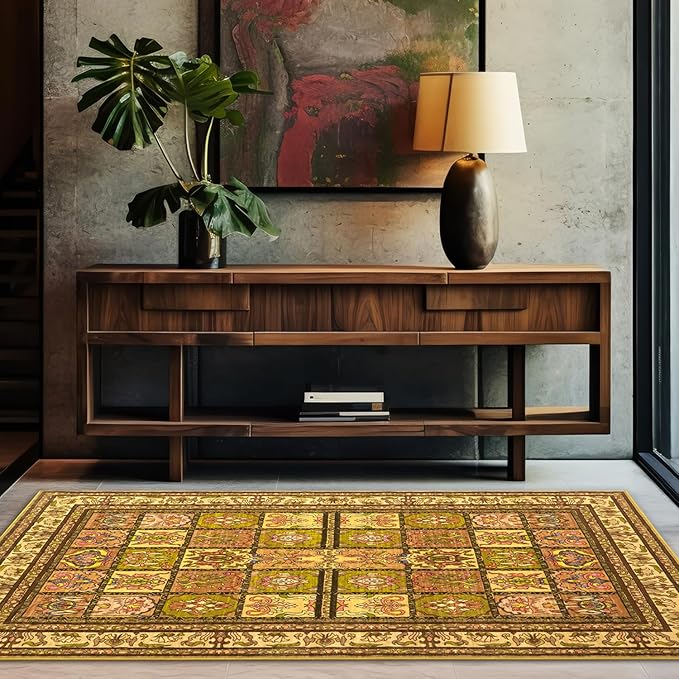 Topllen Washable Area Rug - 3'x5' Boho Bedroom Rug Indoor, Non-Slip Low-Pile Rugs for Living Room Bathroom Kitchen Front Door, Entry Throw Carpet Stain Resistance (Yellow, 3x5ft)