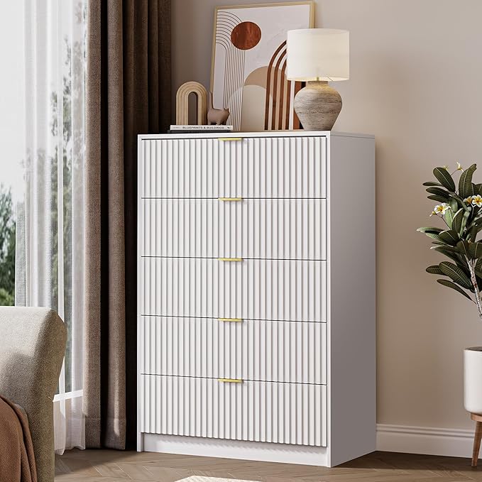 5 Drawer Dresser for Bedroom, Tall Dresser Chest of Drawers with Gold Handles, 32 Inch Wide Nightstand with for Bedroom, Living Rooms, Offices, and Entryways, White