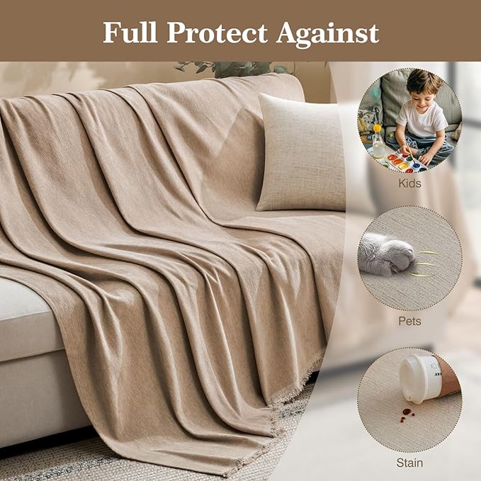 Couch Cover for Dogs Sectional Sofa Covers Washable for 2 Cushion Couch, Chenille Couch Cover Blanket, Sectional Sofa Slipcovers, Multi-Use Furniture Protector for Kids, Pets, 91" X134", Sand