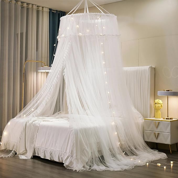 VETHIN Princess Bed Canopy for Girls Double Layer Sheer Mesh Dome Elegant Lace Mosquito Net Bed Curtain for Full Queen King Bed with led Stars String Lights(White/White)