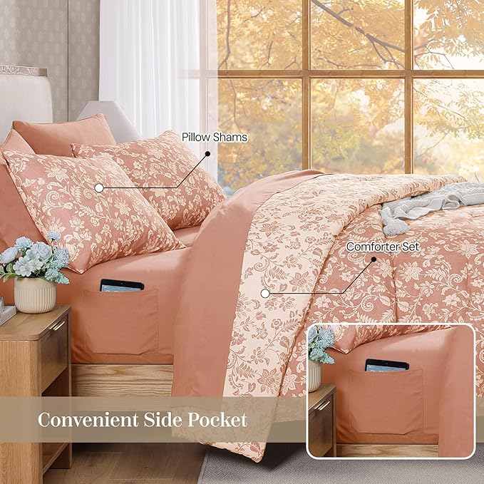 King Comforter Set -7 Pieces Clay Pink Floral Comforter Set for All Seasons, Bed in a Bag King with Botanical Flowers Comforter, Sheets, Pillowcases & Shams