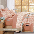 King Comforter Set -7 Pieces Clay Pink Floral Comforter Set for All Seasons, Bed in a Bag King with Botanical Flowers Comforter, Sheets, Pillowcases & Shams
