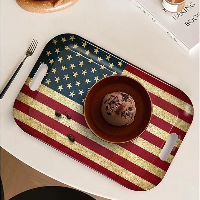 Serving Trays with Handles, 14.5 x 9.8 inch Rectangular Plastic Tray for Restaurant, Kitchen, Vintage United States of America Flag