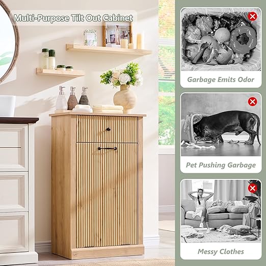 Modern Tilt-Out Trash Can Cabinet, 10 Gallon Fluted Laundry Hamper Cabinet with Drawers, Wooden Hidden Garbage Can Cabinet w/Storage Basket, Free Standing for Kitchen & Living Room,Natural Oak