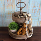 CVHOMEDECO. Wood Beads Garland with Tassels Farmhouse Rustic Wooden Prayer Bead String Wall Hanging Accent for Home Festival Decor. Grey Mix Distressed