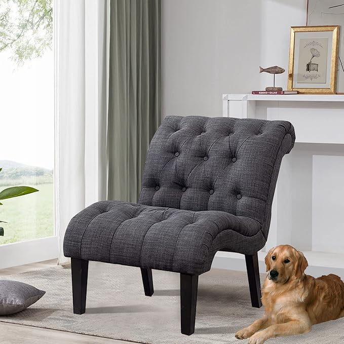 Yongqiang Accent Chairs Set of 2 Upholstered Living Room Bedroom Side Chairs Curved Button Tufted Armless Lounge Chair with Wood Legs Gray Fabric