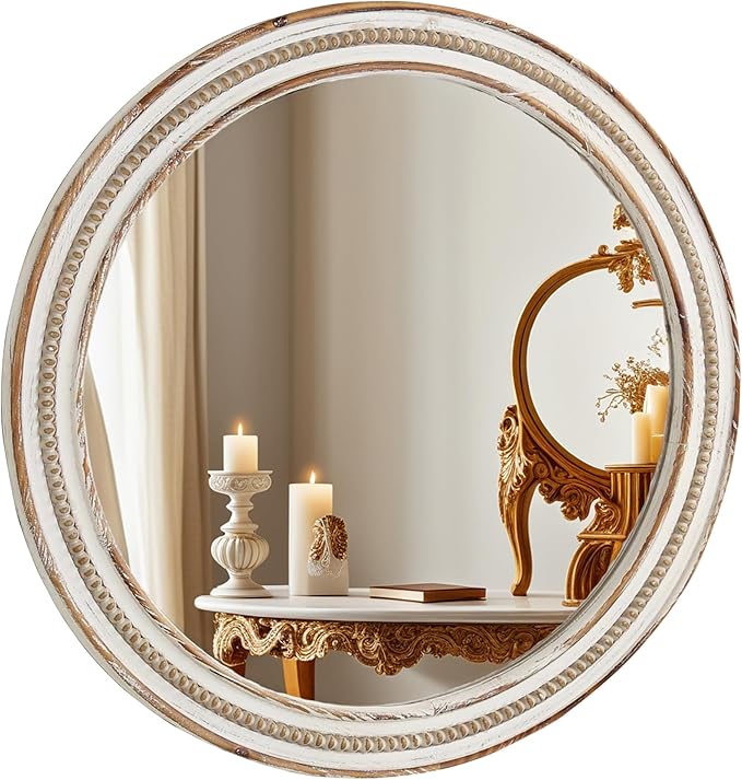 24 Inch Round Mirror - Distressed Vintage Farmhouse Mirror for Bathroom Wall, Living Room, Bedroom & Entryway, Handmade Wood Frame