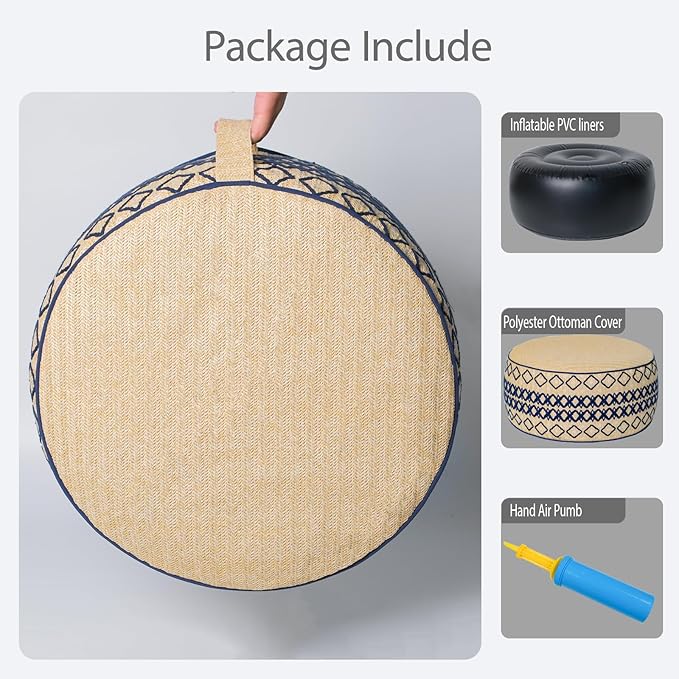 Outdoor Inflatable Ottoman with Air Pump, Embroidery Patio Footrest Stool D21”x H9”, Round Pouf Ottoman with Portable Handle Suitable for Garden, Camping, Bedroom, Living Room