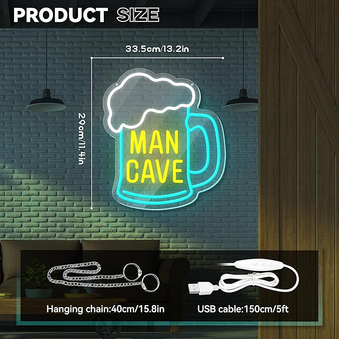 Man Cave Neon Sign, Beer Neon Signs for Wall Decor, Dimmable Acrylic Neon Lights for Man Cave Gamer Room Bedroom Bar Pub Party Decorations