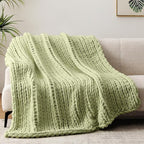 Chunky Knit Throw Blanket, 60''*80'' Knitted Throw Chenille Yarn for Bed Couch, Handmade Light Green Crochet Big Thick Blanket, Machine Washable Cute Comfy Blanket for Home Decor