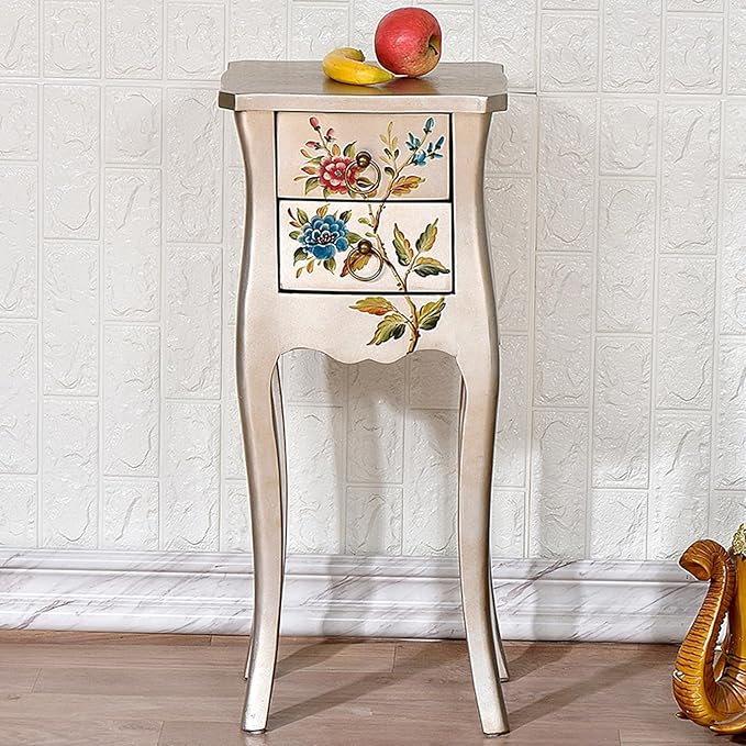 Solid Wood Side Table, Vintage Coffee Tables w/2 Drawer, 30" H Accent Rustic End Table for Living Room Bedroo (Silver)