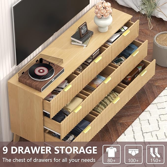 Fluted Dresser for Bedroom,9 Drawer Dresser for Closet,57" Wide Storage Cabinet and Chest of Drawers with Gold Handle,TV Stand,Storage Organizer for Living Room,Hallway,Entryway,Natural Oak