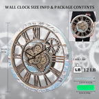 HOIBAI Large Wall Clock, Wall Clocks for Living Room Decor 20 Inch Farmhouse Vintage Rustic Kitchen Wall Decor Vintage Roman Oversized Wall Clock for Home Bedroom House Office, Moving Gears Clock