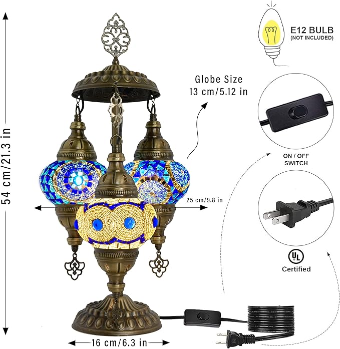 Mozaist Turkish Mosaic Lamp with Bulb – 3 Light Moroccan Table Lamp (Blue & White)