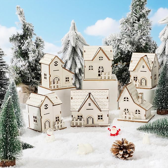Hiboom 12 Pcs DIY Christmas Village Sets Wood Village Houses with Fence Christmas Mini Wooden House Gift for Winter Xmas Party Decorations