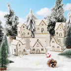 Hiboom 12 Pcs DIY Christmas Village Sets Wood Village Houses with Fence Christmas Mini Wooden House Gift for Winter Xmas Party Decorations