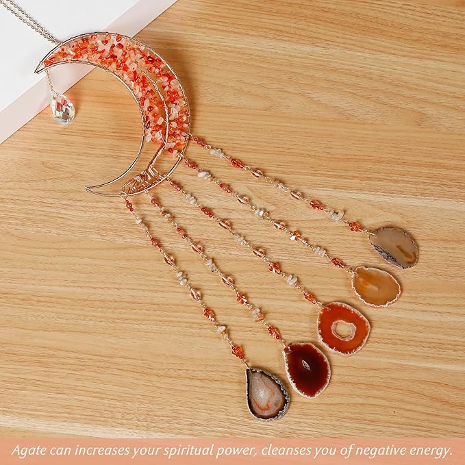 Agate Gemstone Dream Catcher 7 Chakra Tree of Life Dream Catcher with Rainbow Crystal Stones Handmade Dreamcatcher Wall Decor for Adults Boys Girls,Bedroom,Wedding,Garden,Bless Gift(Orange Moon)