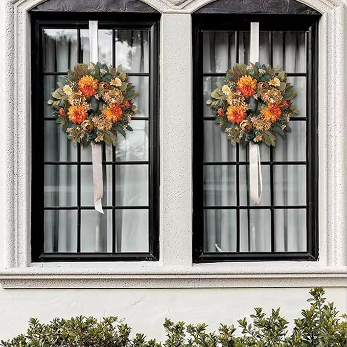 WANNA-CUL 24 Inch Spring Fall Wreaths for Front Door,Fall Wreath with Orange Hydrangea&Peony and Dahlia Flowers-Fall Decoration for Home-Large Fall Decor Door Wreath for Autumn,Harvest