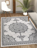 CAMILSON Outdoor Rug, 8x10 Medallion White Black Modern Area Rugs for Indoor and Outdoor Patios, Kitchen and Hallway Mats, Washable Porch Deck Outside Carpet (Medallion White, 8 x 10)