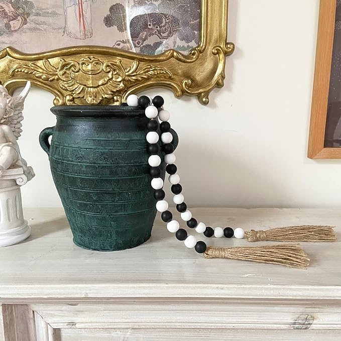 OMISHE 59in Wood Bead Garland with Tassels, Wooden Decorative Beads for Wall and Tabletop, Farmhouse Beads Garland for Home Decor, Black and White