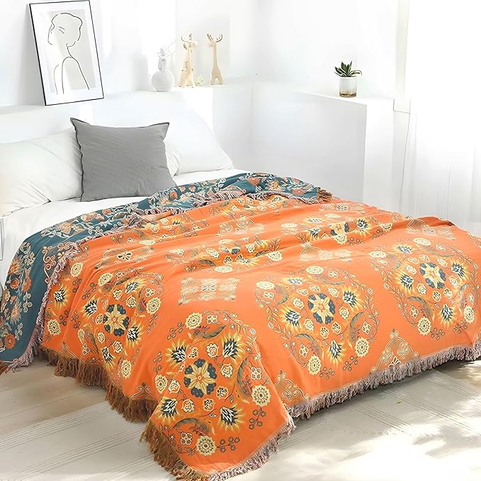 Boho Throw Blanket for Bed - 100% Pure Cotton Ultra Soft Rustic Quilt - Farmhouse Decor Bed Blankets, All Season Rustic Throw for Sofa Couch Chair(91''x 98'', Boho)
