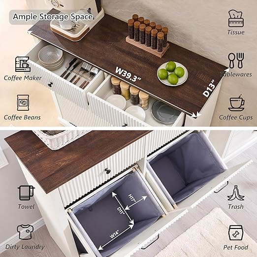 Modern Double Tilt-Out Trash Cabinet, 20 Gallon Fluted Laundry Hamper Cabinet w/2 Drawers, Wooden Hidden Garbage Can Cabinets with Storage Basket,Free Standing for Kitchen & Living Room, White