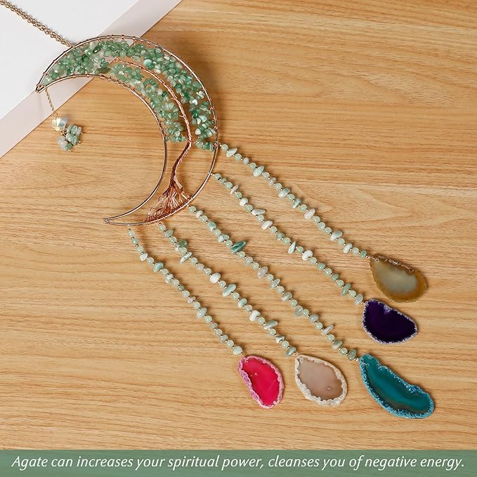 Agate Gemstone Dream Catcher 7 Chakra Tree of Life Dream Catcher with Rainbow Crystal Stones Handmade Dreamcatcher Wall Decor for Adults Boys Girls,Bedroom,Wedding,Garden,Bless Gift(Green Moon)